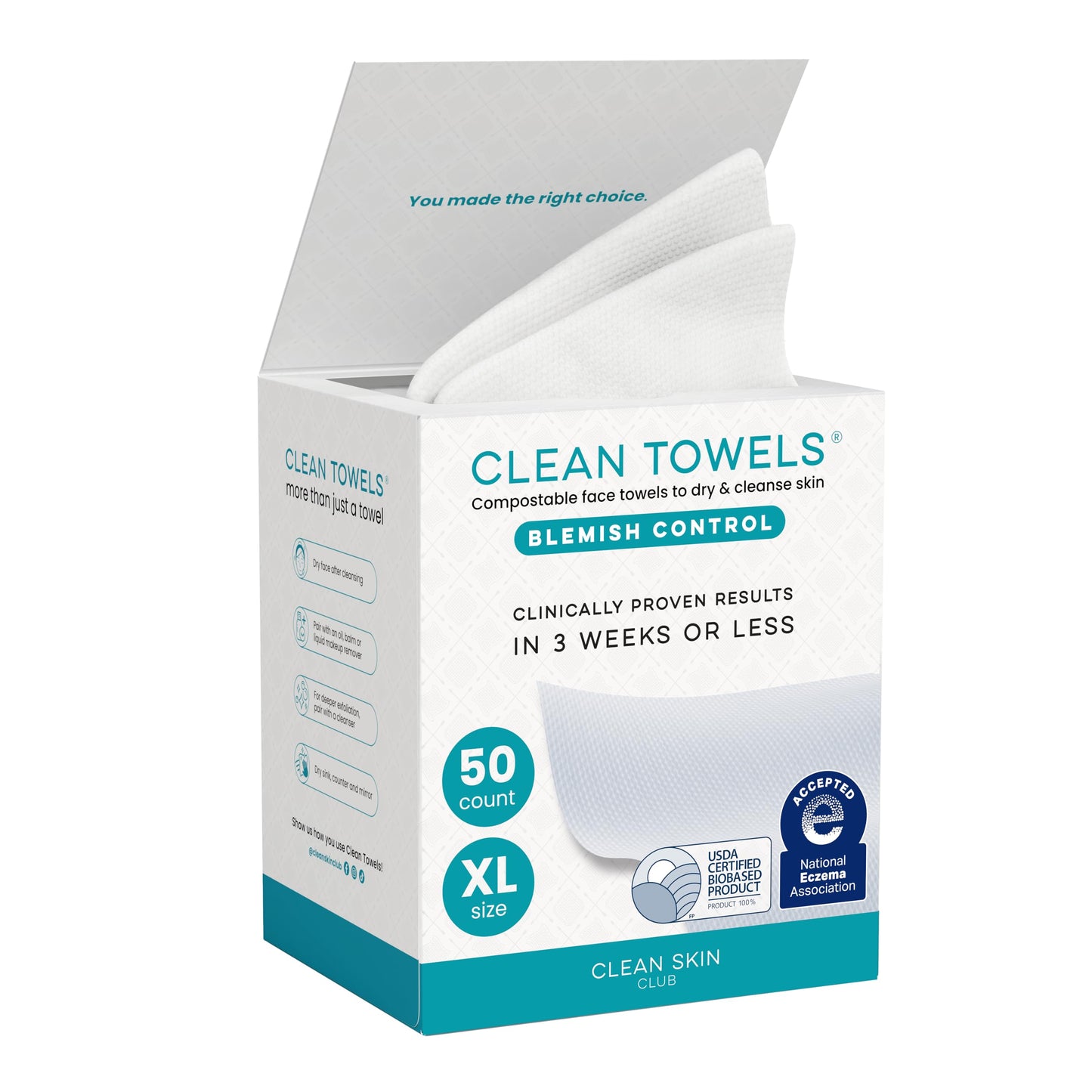 Clean Skin Club Clean Blemish Control Towels XL™, 100% USDA-biobasierte Gesichtshandtücher, Einweg-Gesichtstücher, von der Eczema Association anerkannt, trockene Abschminktücher, ultraweich 50 Stück