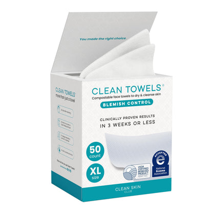 Clean Skin Club Clean Blemish Control Towels XL™, 100% USDA-biobasierte Gesichtshandtücher, Einweg-Gesichtstücher, von der Eczema Association anerkannt, trockene Abschminktücher, ultraweich 50 Stück