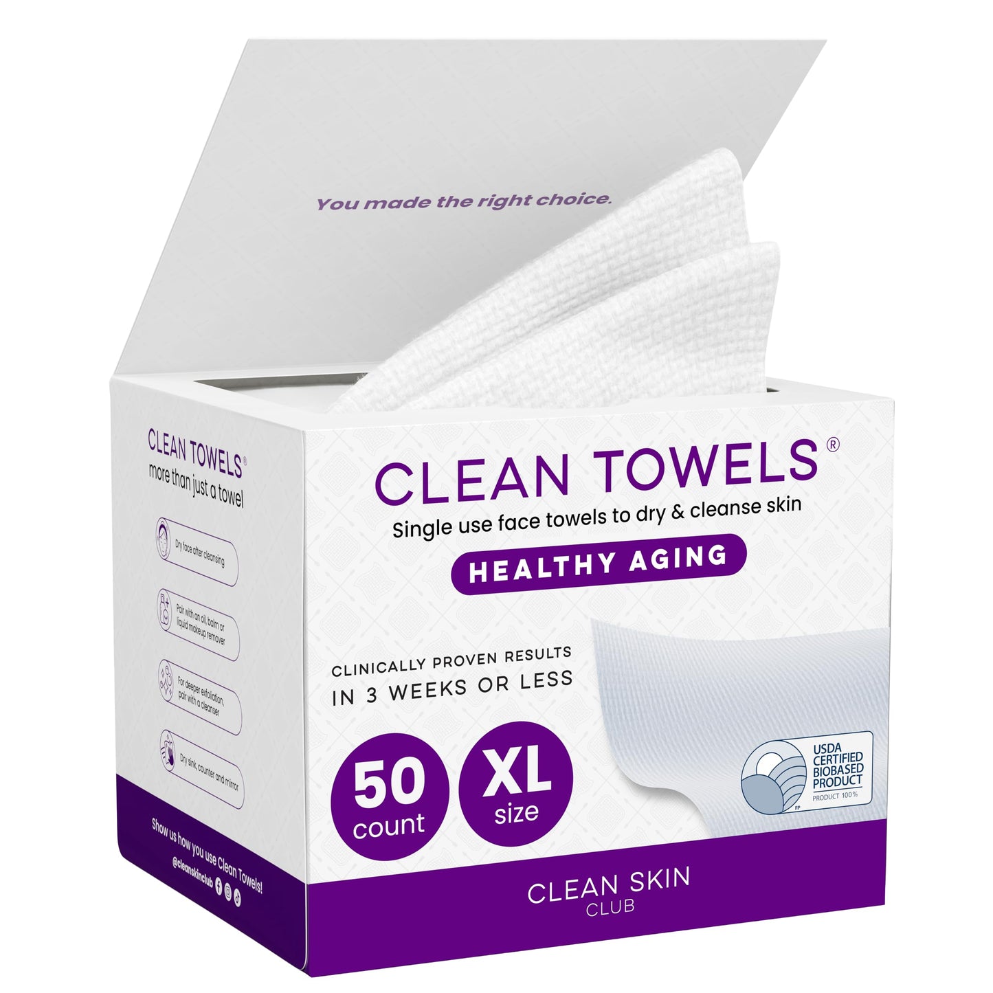 Clean Skin Club Clean Towels XL Healthy Aging™, glättet feine Linien, Falten & Hautstruktur in 6 Wochen, für extra Weichheit behandelt, Einweg-Gesichtshandtücher, Anti-Aging-Abschminktücher, trocken